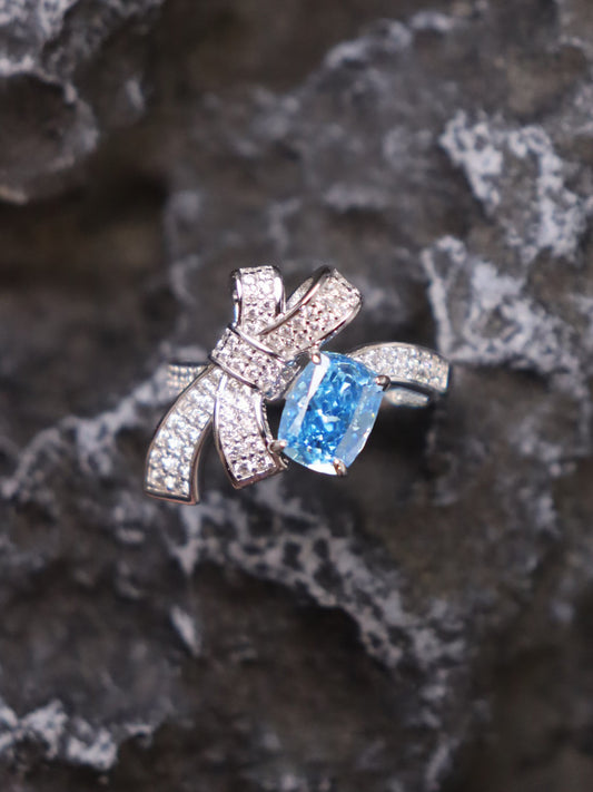 Blue High Carbon Diamond Gemstone Sparkling Bowknot Ring